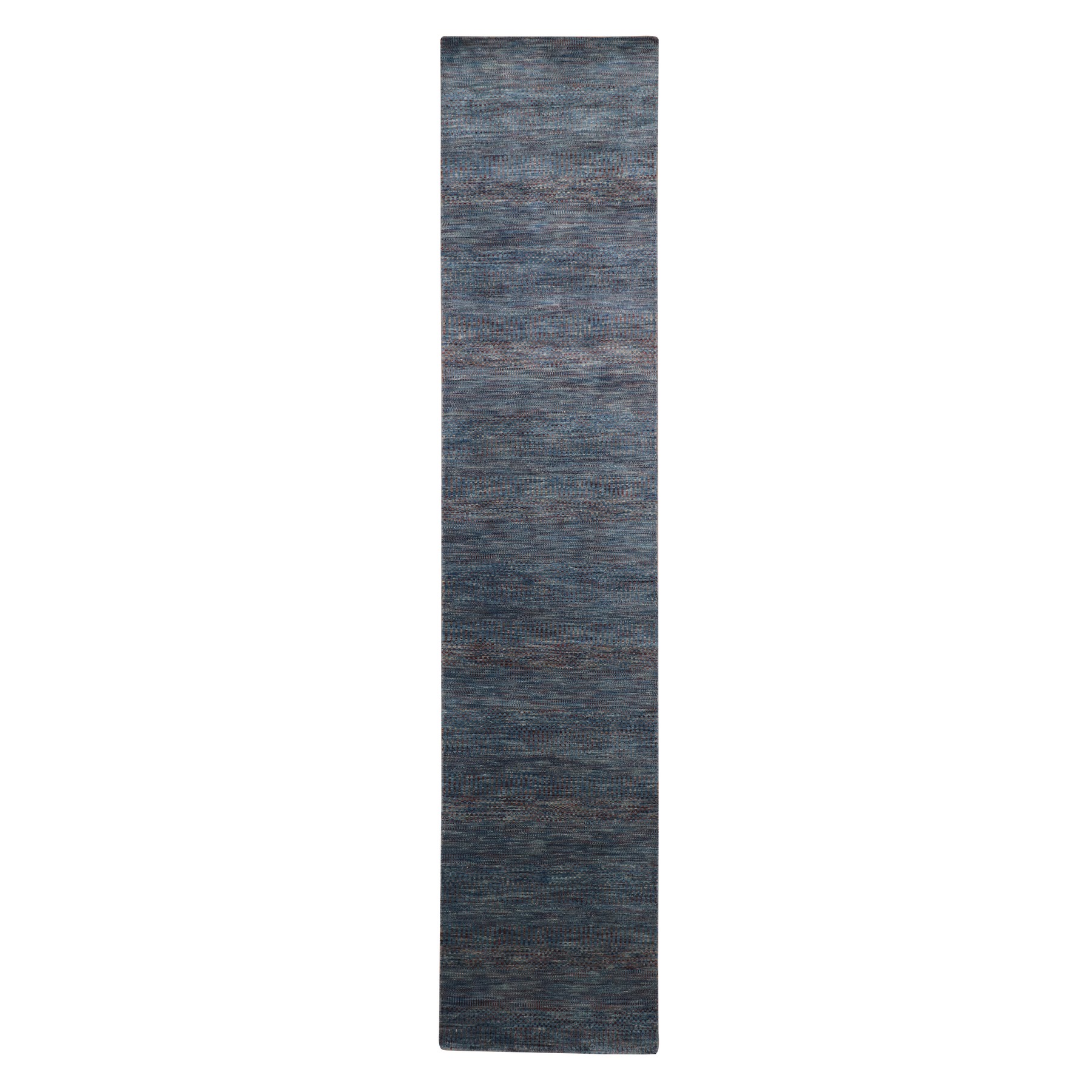 2'7"x12'3" Space Cadet Blue, Modern Grass Design, Denser Weave, Wool and Silk, Hand Knotted, Runner, Oriental Rug 